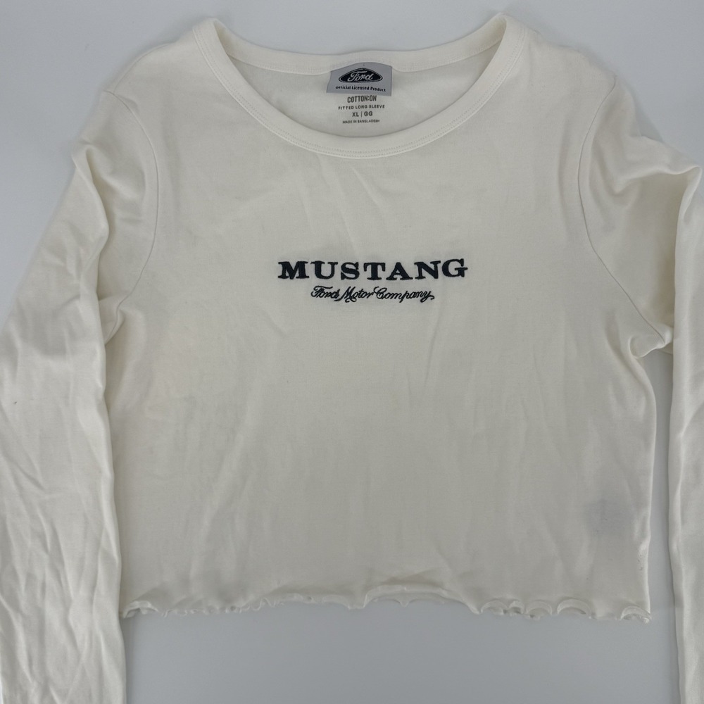 Mustang Cropped Womans XL Long Sleeve White Shirt Retro‎ Style Horse Car Ford